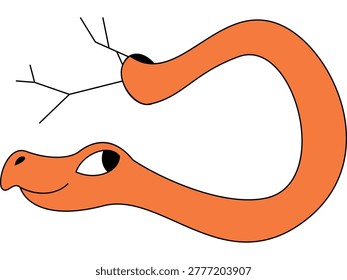 Friendly orange worm creature with a dry branch tail vector illustration. Character design, nature mascot, fantasy animal, organic growth, storytelling, creative branding. Smiling serpent with twig