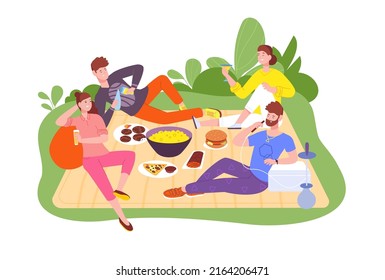 Friendly outdoor picnic. Happy people eat food and drink wine nature, group friends relaxing outdoors, recreation in park, lunch outside person leisure vector illustration of picnic nature bbq