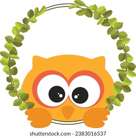 Friendly owl peeking out of round leaves frame
