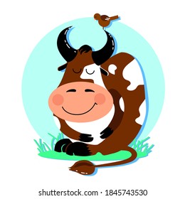 Friendly ox with bird. Bull year. Cute cow. Farm. Dairy product design. Farm milk. Logo, emblem, sign. Hand drawn vector.