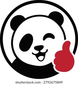 Friendly panda mascot logo featuring a smiling panda face giving a thumbs up gesture inside a circular badge