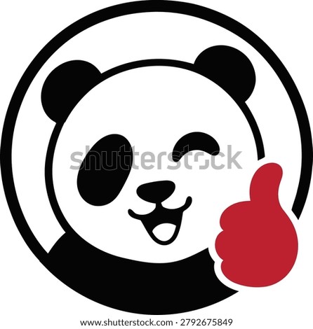 Friendly panda mascot logo featuring a smiling panda face giving a thumbs up gesture inside a circular badge
