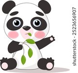 A friendly panda sits and chews leaves.  Postcard in children
