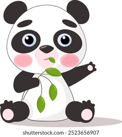 A friendly panda sits and chews leaves.  Postcard in children's cartoon style. Vector illustration for designs, prints and patterns.