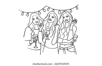 Friendly party 3 girls continuous line art drawing isolated on white background. Hands toasting with wine glasses with drinks. Cheers toast festive decoration for holidays. Vector illustration	