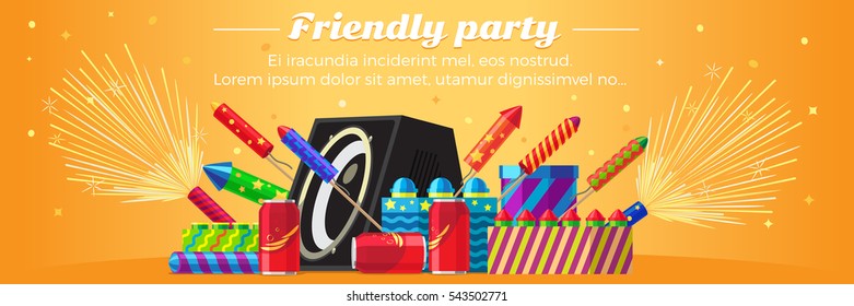 Friendly party banner fireworks for festival and party. Different kinds of amazing fireworks and salute elements vector illustration. Celebration with pyrotechnic devices, acoustic system speaker