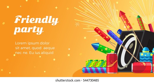 Friendly party banner fireworks for festival and party. Different kinds of amazing fireworks and salute elements vector illustration. Celebration with pyrotechnic devices, acoustic system speaker