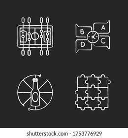 Friendly party games chalk white icons set on black background. Entertainment night activities. Table soccer, spinning bottle, jigsaw bottle and quiz. Isolated vector chalkboard illustrations