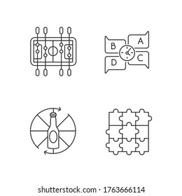 Friendly party games pixel perfect linear icons set. Customizable thin line contour symbols. Table soccer, spinning bottle, jigsaw bottle, quiz. Isolated vector outline illustrations. Editable stroke