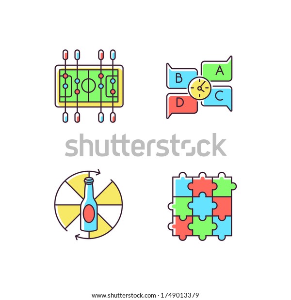 Friendly party games RGB color icons\
set. Entertainment night activities. Table soccer, spinning bottle,\
jigsaw bottle and quiz. Isolated vector\
illustrations
