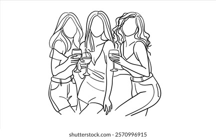 Friendly party girls continuous line art drawing isolated on white background. Hands toasting with wine glasses with drinks. Cheers toast festive decoration for holidays. Vector illustration