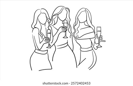 Friendly party girls continuous line art drawing isolated on white background. Hands toasting with wine glasses with drinks. Cheers toast festive decoration for holidays. Vector illustration