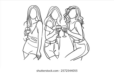 Friendly party girls continuous line art drawing isolated on white background. Hands toasting with wine glasses with drinks. Cheers toast festive decoration for holidays. Vector illustration