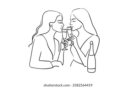 Friendly party girls continuous line art drawing isolated on white background. Hands toasting with wine glasses with drinks. Cheers toast festive decoration for holidays. Vector illustration