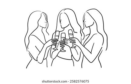 Friendly party girls continuous line art drawing isolated on white background. Hands toasting with wine glasses with drinks. Cheers toast festive decoration for holidays. Vector illustration