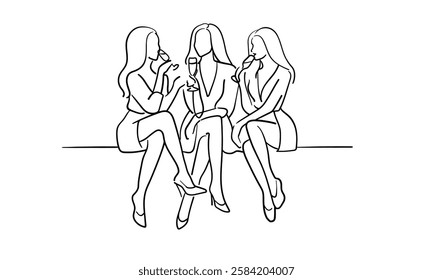 Friendly party girls continuous line art drawing isolated on white background. Hands toasting with wine glasses with drinks. Cheers toast festive decoration for holidays. Vector illustration