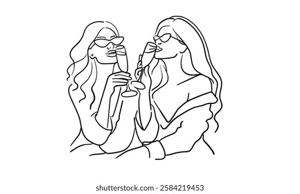 Friendly party girls continuous line art drawing isolated on white background. Hands toasting with wine glasses with drinks. Cheers toast festive decoration for holidays. Vector illustration