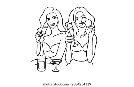 Friendly party girls continuous line art drawing isolated on white background. Hands toasting with wine glasses with drinks. Cheers toast festive decoration for holidays. Vector illustration