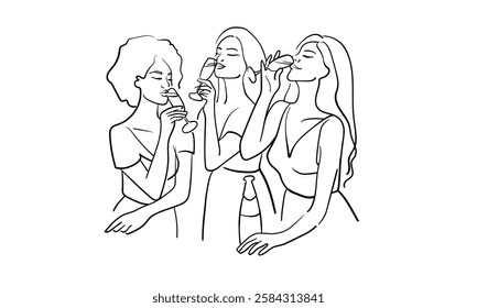 Friendly party girls continuous line art drawing isolated on white background. Hands toasting with wine glasses with drinks. Cheers toast festive decoration for holidays. Vector illustration