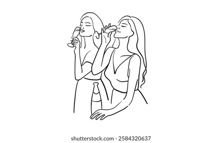 Friendly party girls continuous line art drawing isolated on white background. Hands toasting with wine glasses with drinks. Cheers toast festive decoration for holidays. Vector illustration