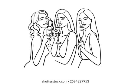 Friendly party girls continuous line art drawing isolated on white background. Hands toasting with wine glasses with drinks. Cheers toast festive decoration for holidays. Vector illustration