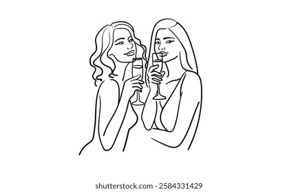 Friendly party girls continuous line art drawing isolated on white background. Hands toasting with wine glasses with drinks. Cheers toast festive decoration for holidays. Vector illustration