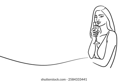 Friendly party girls continuous line art drawing isolated on white background. Hands toasting with wine glasses with drinks. Cheers toast festive decoration for holidays. Vector illustration