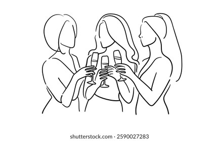 Friendly party girls continuous line art drawing isolated on white background. Hands toasting with wine glasses with drinks. Cheers toast festive decoration for holidays. Vector illustration