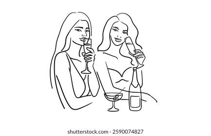 Friendly party girls continuous line art drawing isolated on white background. Hands toasting with wine glasses with drinks. Cheers toast festive decoration for holidays. Vector illustration