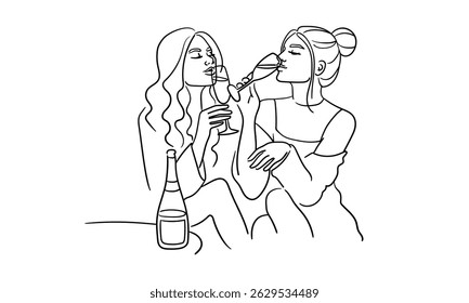 Friendly party girls continuous line art drawing isolated on white background. Hands toasting with wine glasses with drinks. Cheers toast festive decoration for holidays. Vector illustration	