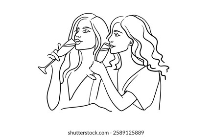 Friendly party girls drink, continuous line art drawing isolated on white background. Hands toasting with wine glasses with drinks. Cheers toast festive decoration for holidays. Vector illustration