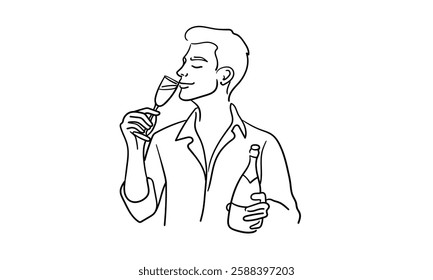 Friendly party man continuous line art drawing isolated on white background. Hands toasting with wine glasses with drinks. Man drink. Cheers toast festive decoration for holidays. Vector illustration