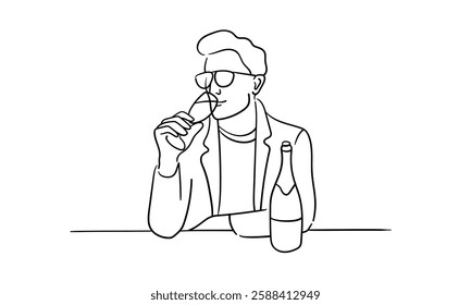 Friendly party man continuous line art drawing isolated on white background. Hands toasting with wine glasses with drinks. Man drink. Cheers toast festive decoration for holidays. Vector illustration