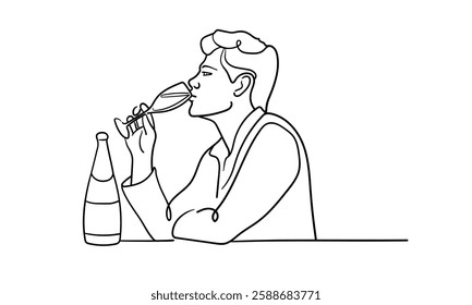 Friendly party man continuous line art drawing isolated on white background. Hands toasting with wine glasses with drinks. Man drink. Cheers toast festive decoration for holidays. Vector illustration