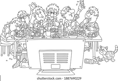 Friendly party at a TV set, joyous celebration with funny, noisy and slightly drunk friends at festive tableful of various drinks and tasty food, black and white outline vector cartoon illustration