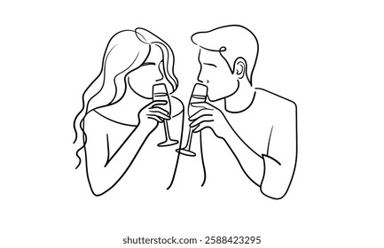 Friendly party woman and man continuous line art drawing isolated on white background. Hands toasting with wine glasses with drinks. Cheers toast festive decoration for holidays. Vector illustration