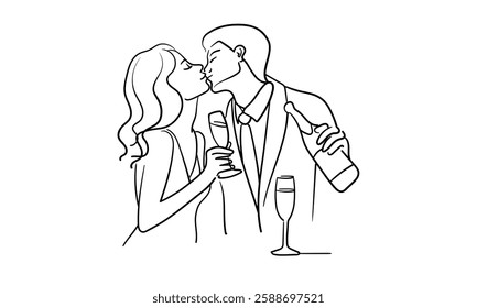 Friendly party woman and man continuous line art drawing isolated on white background. Hands toasting with wine glasses with drinks. Cheers toast festive decoration for holidays. Vector illustration