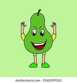 A friendly pear cartoon character is waving hello. It has a green body, a yellow shirt, and green shorts. This cute and inviting illustration is perfect for any project that needs a touch of whimsy.