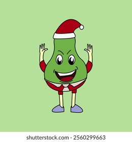 A friendly pear cartoon character is waving hello. It has a green body, a yellow shirt, and green shorts. This cute and inviting illustration is perfect for any project that needs a touch of whimsy.