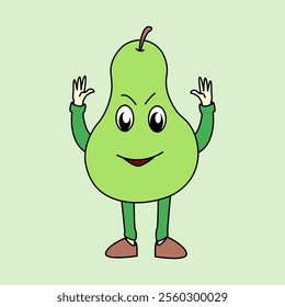 A friendly pear cartoon character is waving hello. It has a green body, a yellow shirt, and green shorts. This cute and inviting illustration is perfect for any project that needs a touch of whimsy.