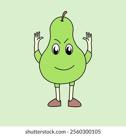 A friendly pear cartoon character is waving hello. It has a green body, a yellow shirt, and green shorts. This cute and inviting illustration is perfect for any project that needs a touch of whimsy.