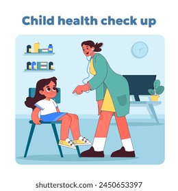 Evaluación pediátrica amigable. Médico sonriente que interactúa con la muchacha joven durante la evaluación rutinaria de la salud. Cuidado suave en el entorno de la clínica moderna. Mantener el bienestar de los niños bajo control. Ilustración vectorial
