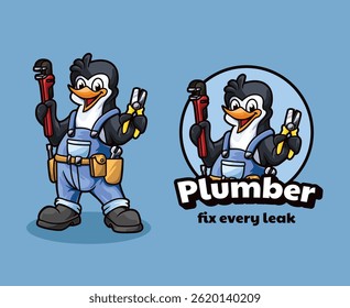 A friendly penguin holding a wrench and pipe for plumbing services