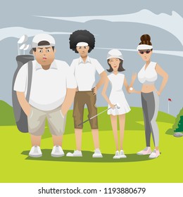 Friendly people character. A group of people go to playing golf. best friend concept. Vector illustration