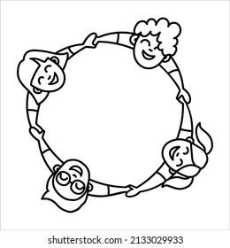 Friendly people holding hands in a circle, drawing a group of positive people in doodle style, contour hand drawn men, women, children, friends, peaceful association, international day of peace