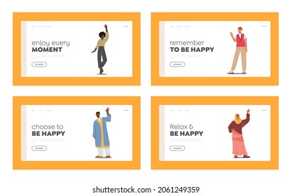 Friendly People Landing Page Template Set. Multinational People Waving Hands, Happy Male and Female Characters in Traditional or Casual Costumes Positive Friendly Gestures. Cartoon Vector Illustration