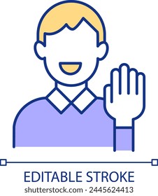 Friendly person RGB color icon. Greeting and welcoming gesture. Man with raised hand. Smiling office worker. Isolated vector illustration. Simple filled line drawing. Editable stroke