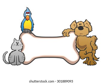 Friendly pet shop style cartoon logo great for pet shops, stores, animal events, etc. Featuring a cute dog, cat and bird surrounding a bone, ready for your text