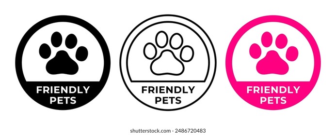 Friendly Pets Label. Tierheim-Logo. Kontakt Zoo farbige Vektorillustration. Hunde und Katzen Pfote Etikett, Emblem, Abzeichen, Zeichen, Symbol, Stempel oder Siegel. Tierklinik-Logo isoliert