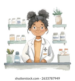 A friendly pharmacist with curly hair and glasses stands behind a counter, surrounded by shelves of medicine bottles.
